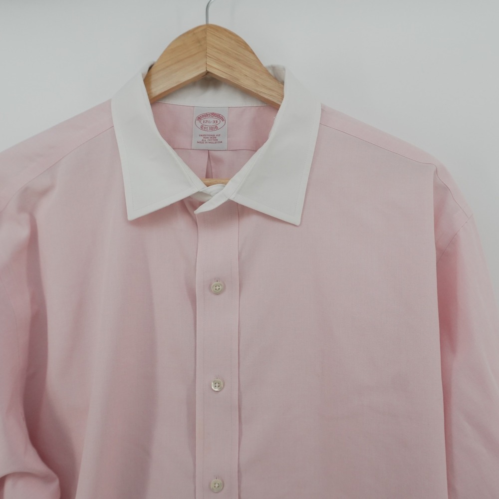 Brooks Brothers Dress Shirt Mens 17.5-33 Pink Non-Iron Traditional Fit Contrast